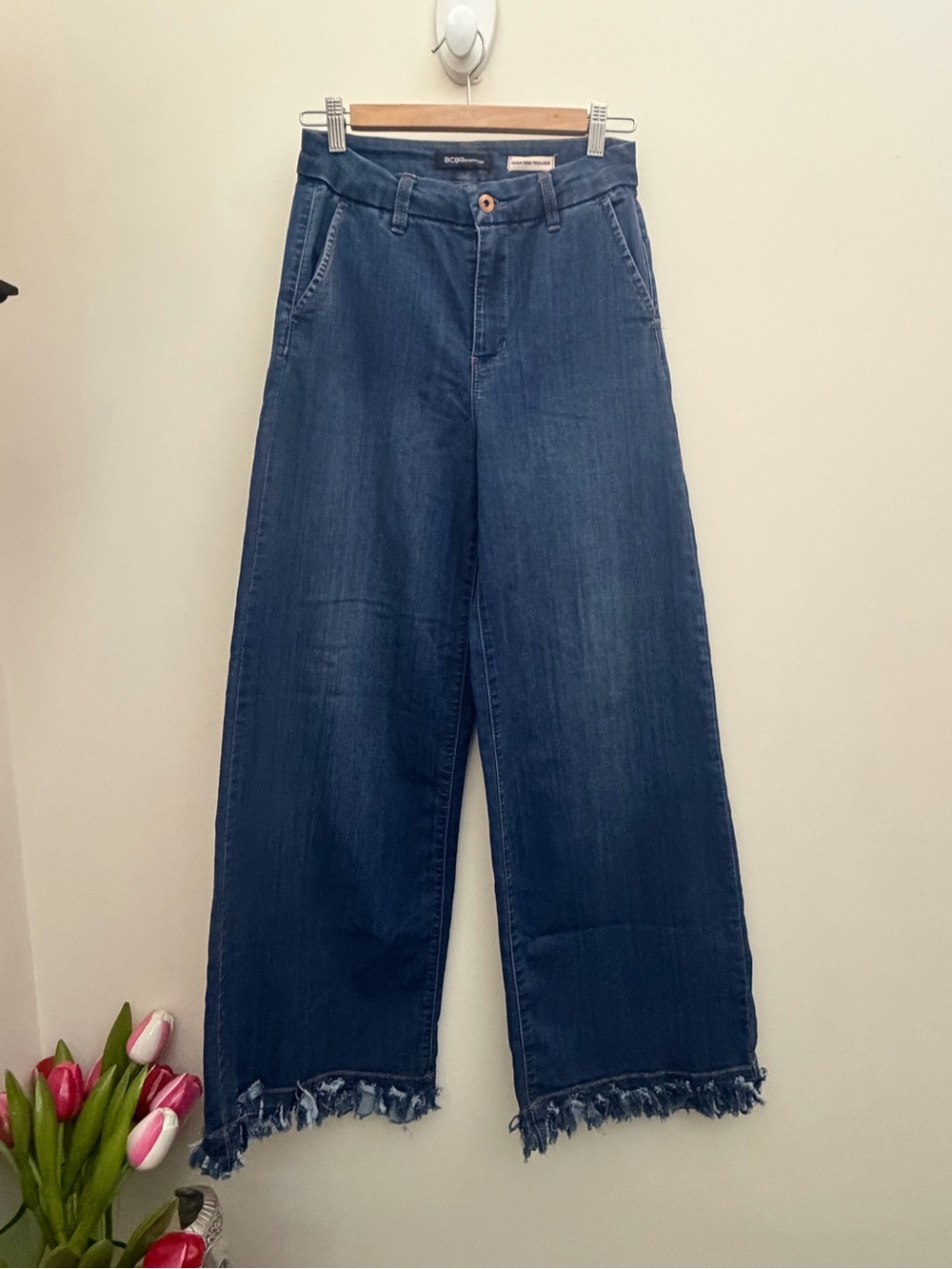 BCBGeneration Dark Blue Wide Leg Frayed Hem Jeans